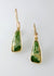 flower jade drop earrings. Flower jade is set in 9ct yellow gold frame with wire drop hooks with a leaf design.