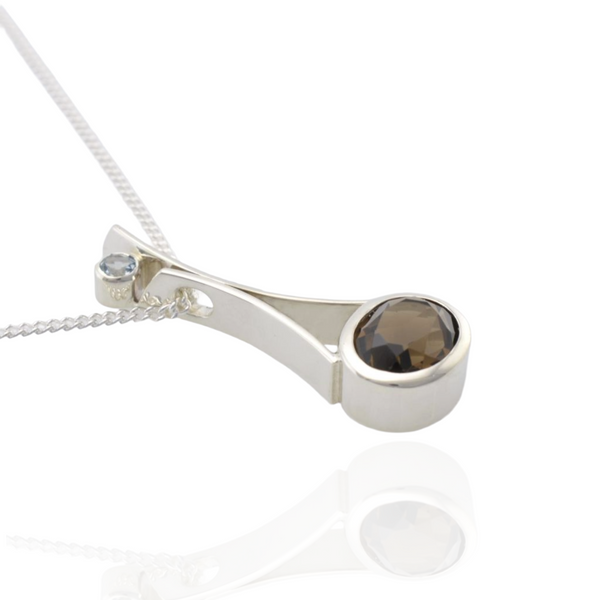 Sterling silver Smokey quarts and aquamarine pendant frontview