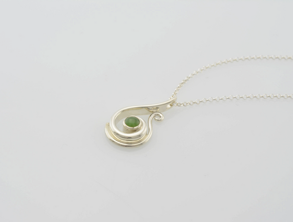 Silver Frond Pendant with Greenstone Cabochon