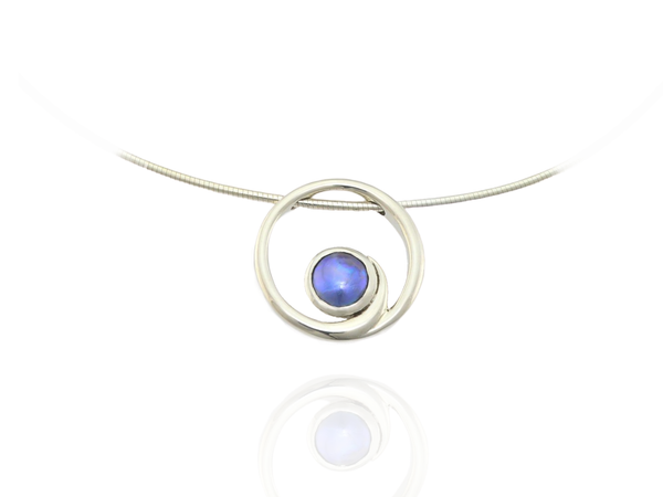 Blue Pearl Koru Pendant, silver on Omega chain