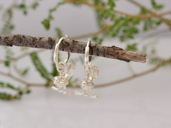 fantail bird on hoop earrings