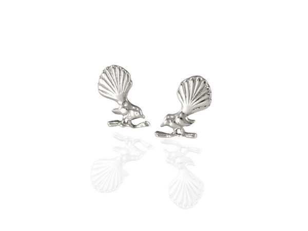 nz fantail bird stud earrings in silver