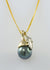 9ct yellow and white gold Black Pearl pendant with oak leaf on 9ct gold chain